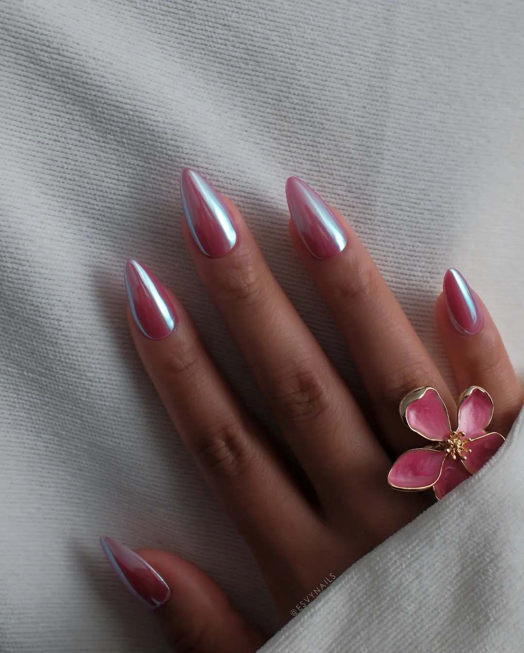 pink stiletto chrome holographic nails