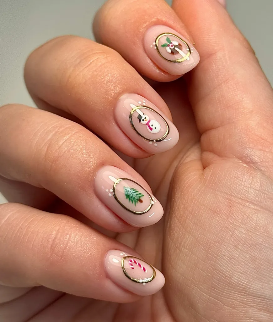 minimal christmas nails with tiny holiday icons and gold frame details