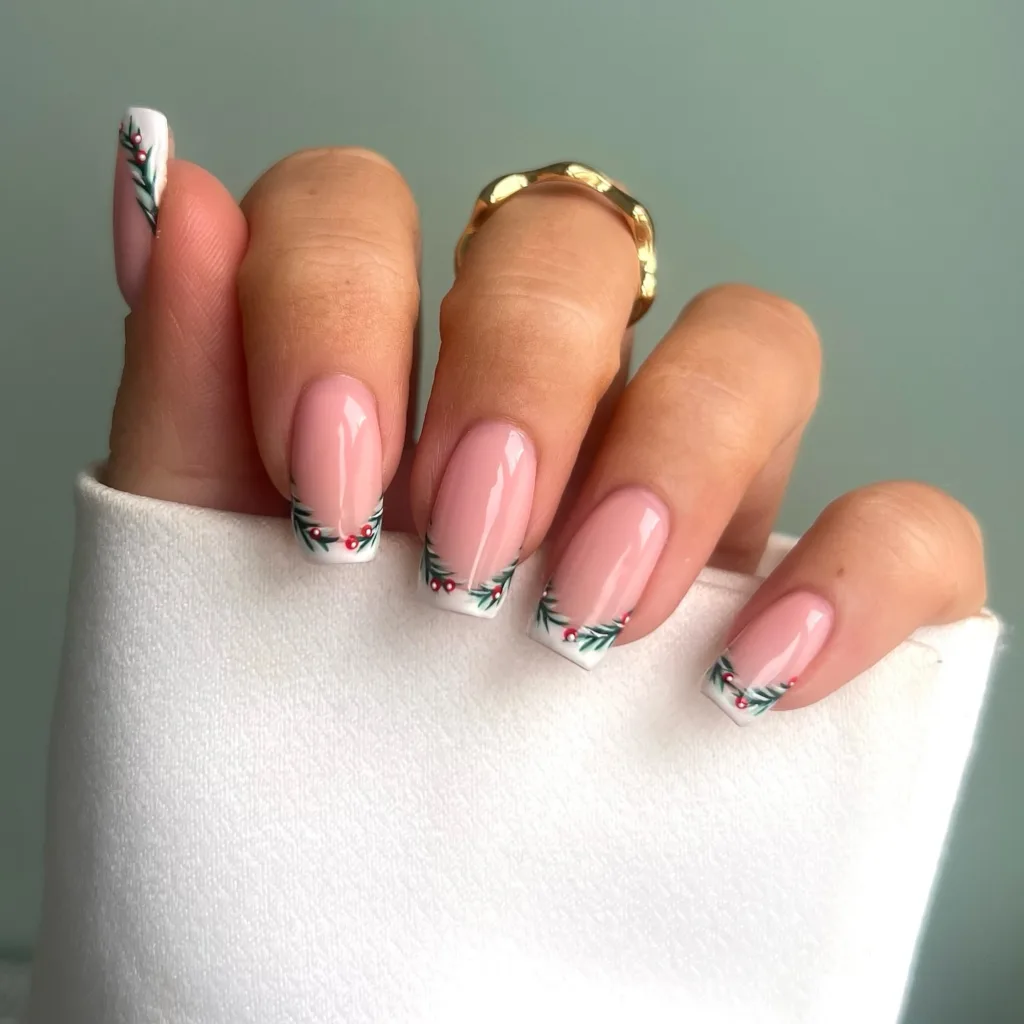 christmas french tip nails with holly leaf and berry details on soft pink base