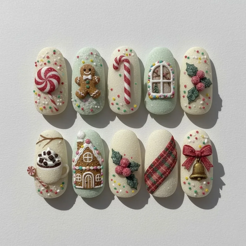frosted candy christmas nails with 3d gingerbread peppermint holly window and plaid ribbon designs