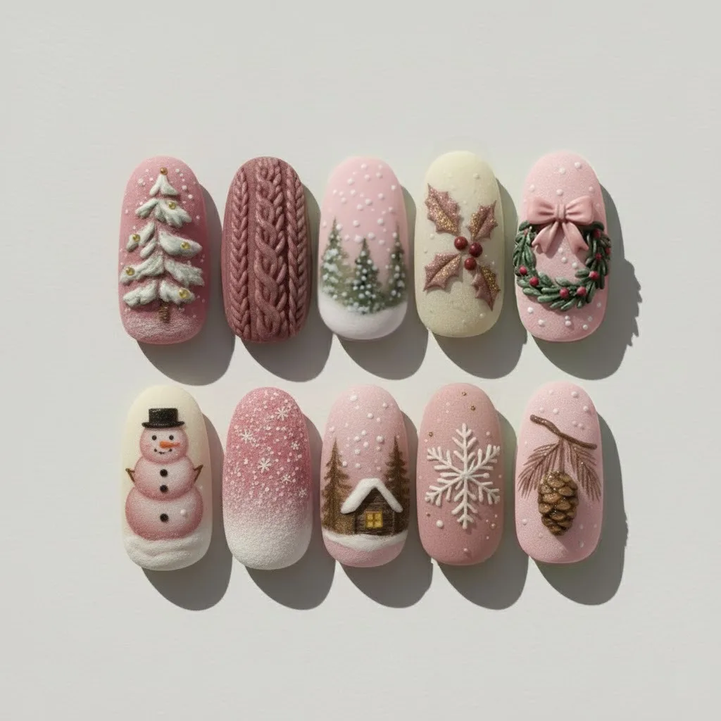 cozy 3d christmas nails with cable knit texture winter scenes snowman wreath and snowflakes