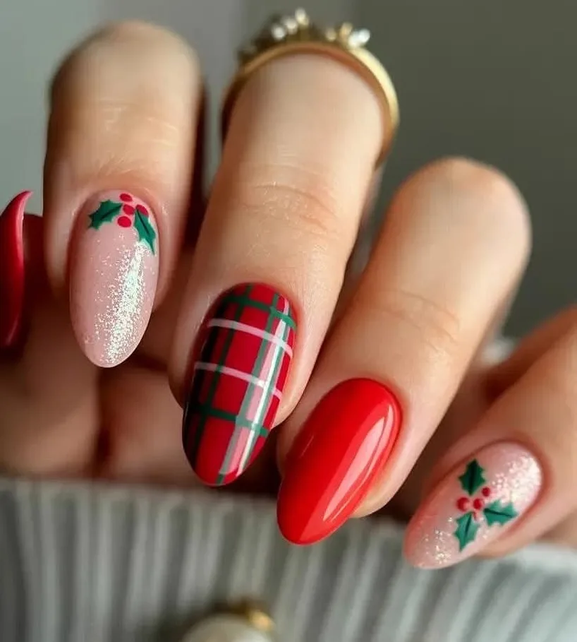 red plaid christmas nails with holly accents and glitter