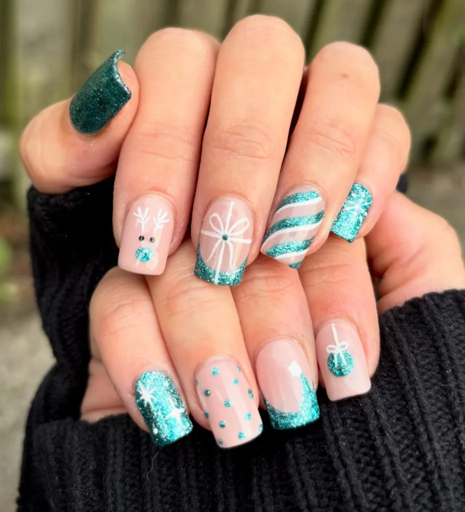 teal glitter christmas nails with reindeer gift wrap art candy stripes and festive accents
