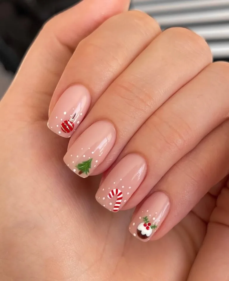 minimal christmas nails with tiny candy cane tree pudding and ornament on nude base
