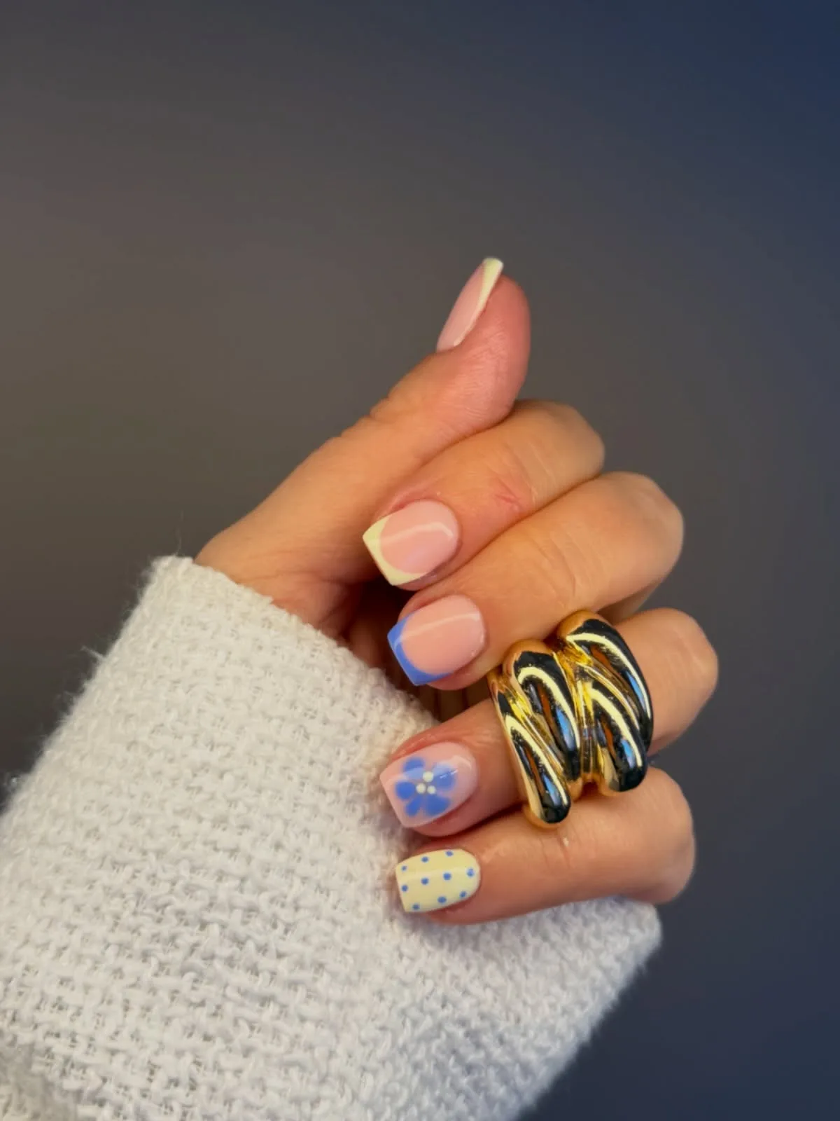 peachy pink square colorful french nails