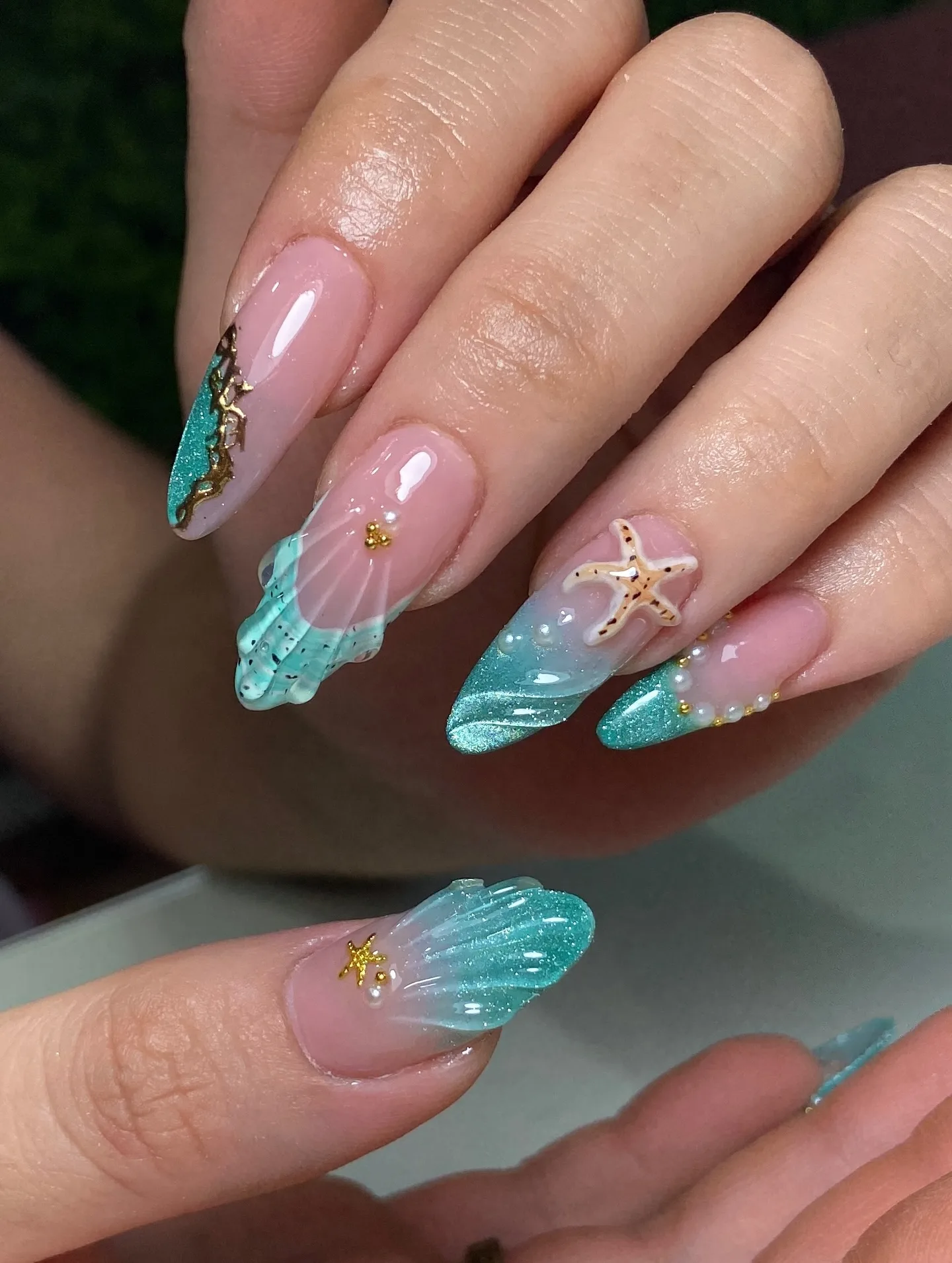 pink turquoise almond ocean themed nails