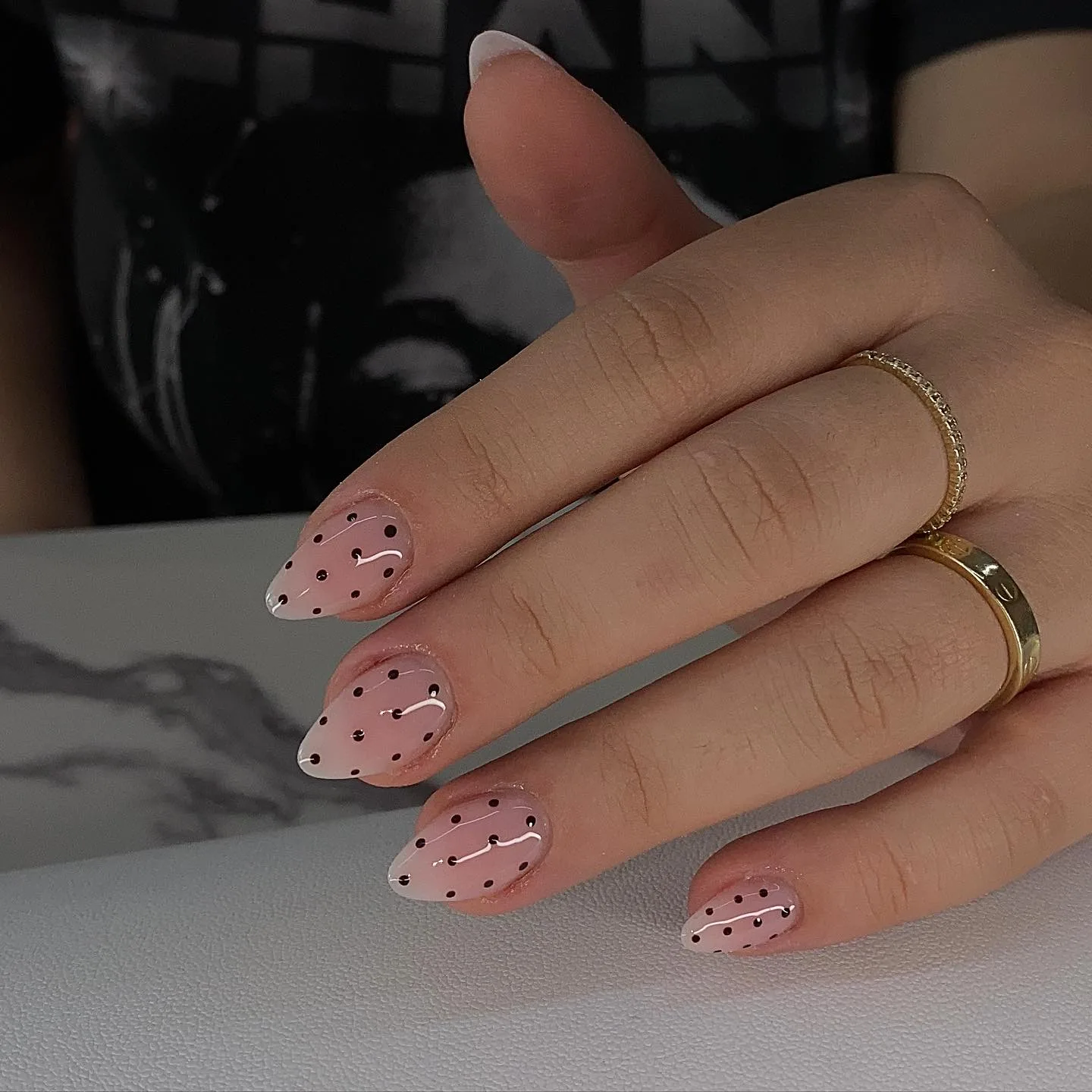 pink almond polka dot smiley nails