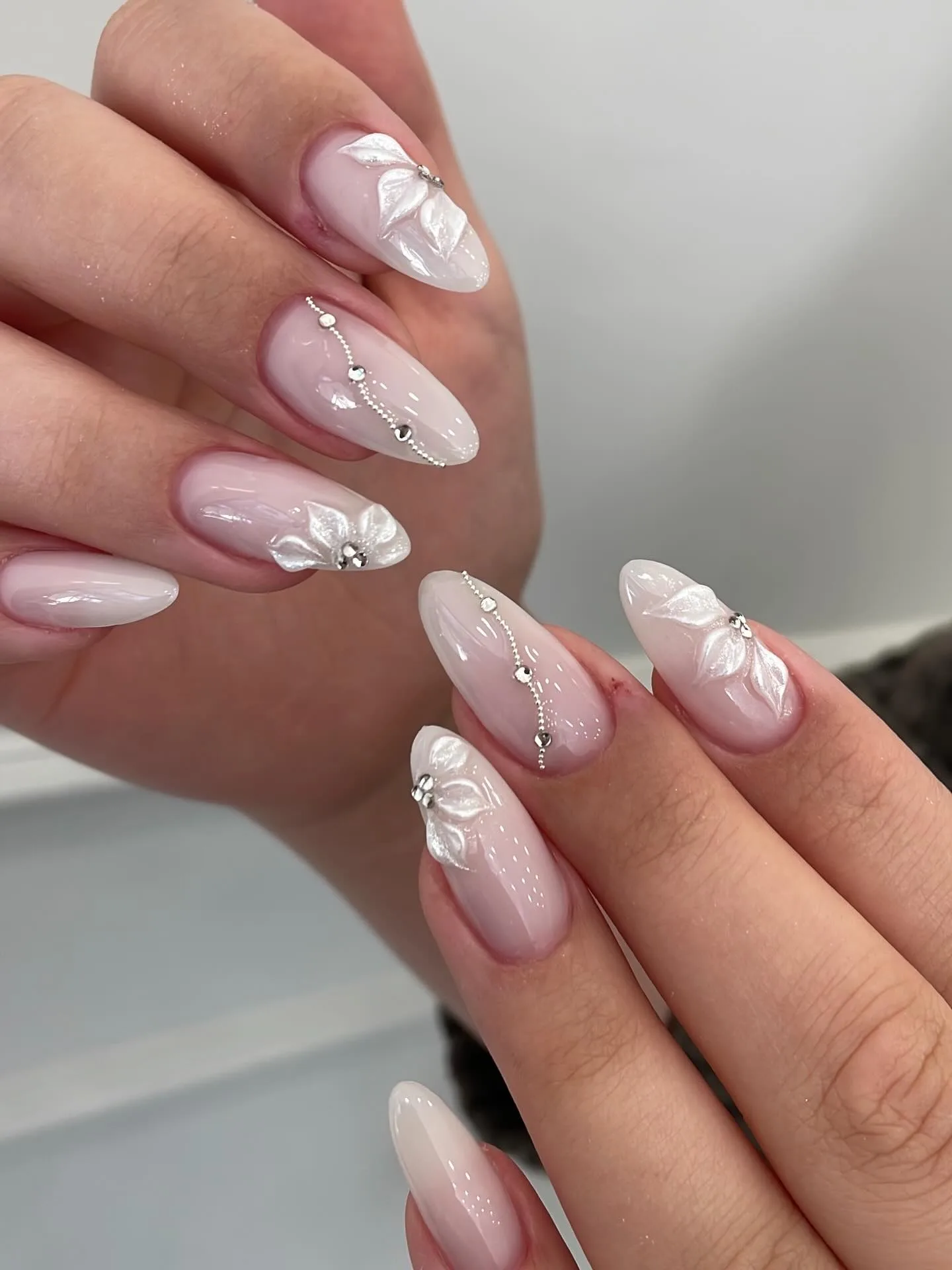 nude pink almond floral nails