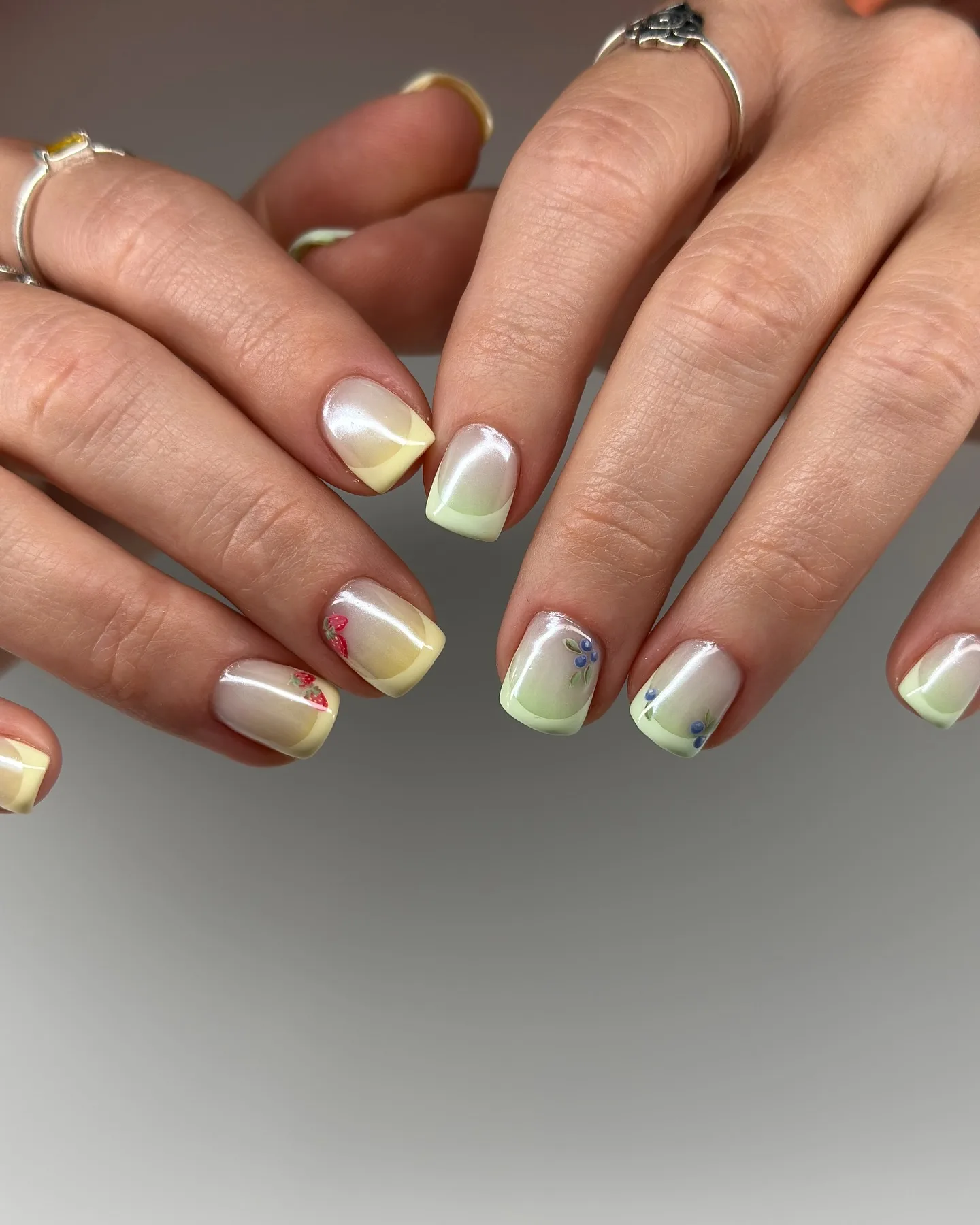 pearl white square gradient floral nails