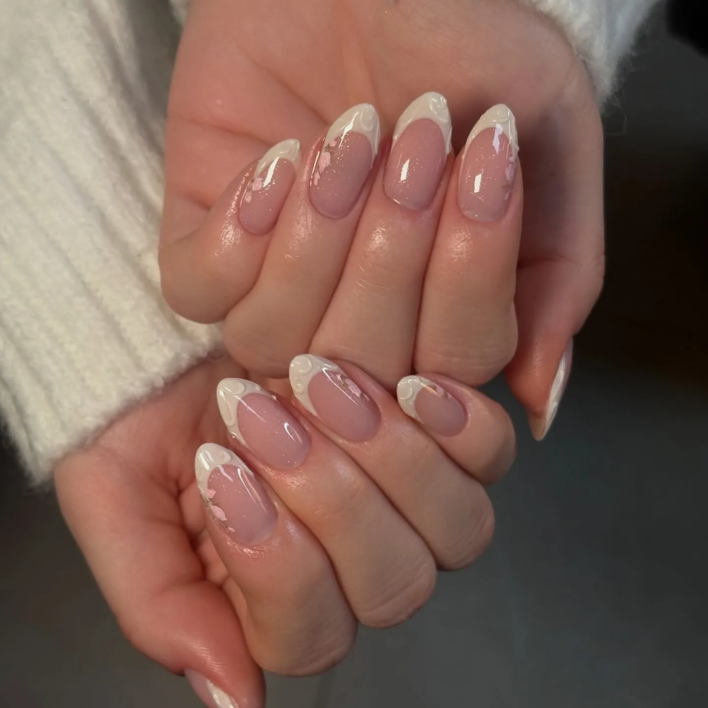 nude pink almond french nails