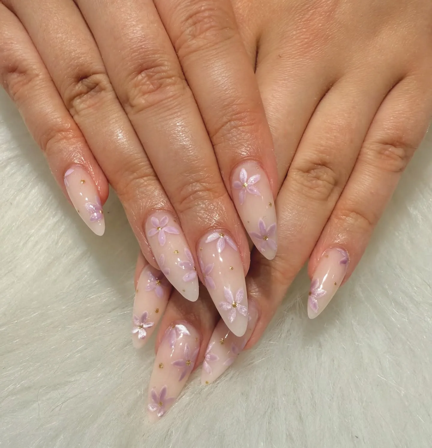 pink almond floral design nails
