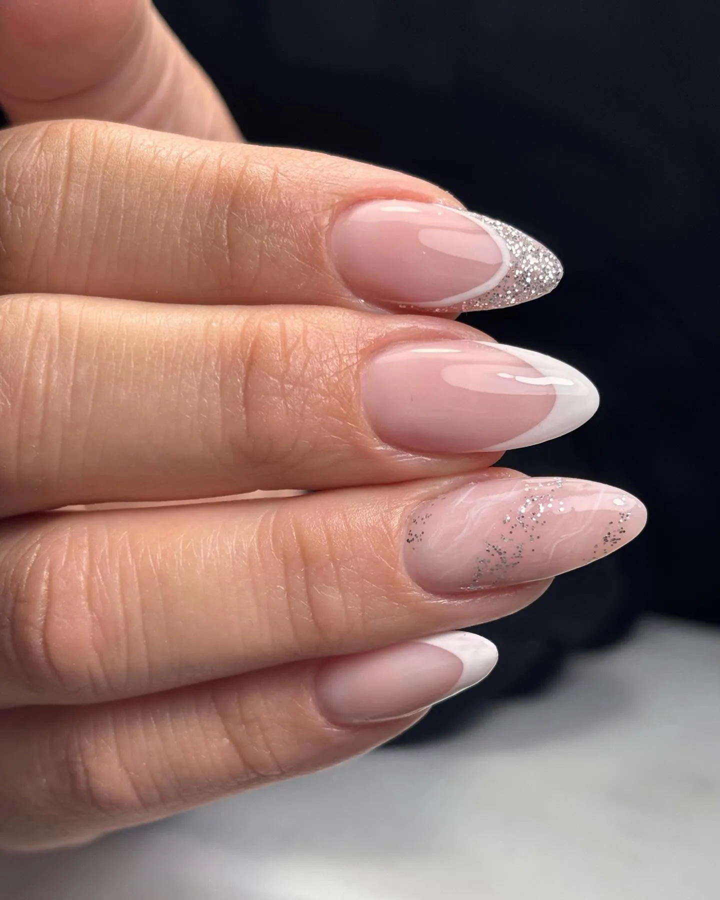 nude pink almond glitter accent nails