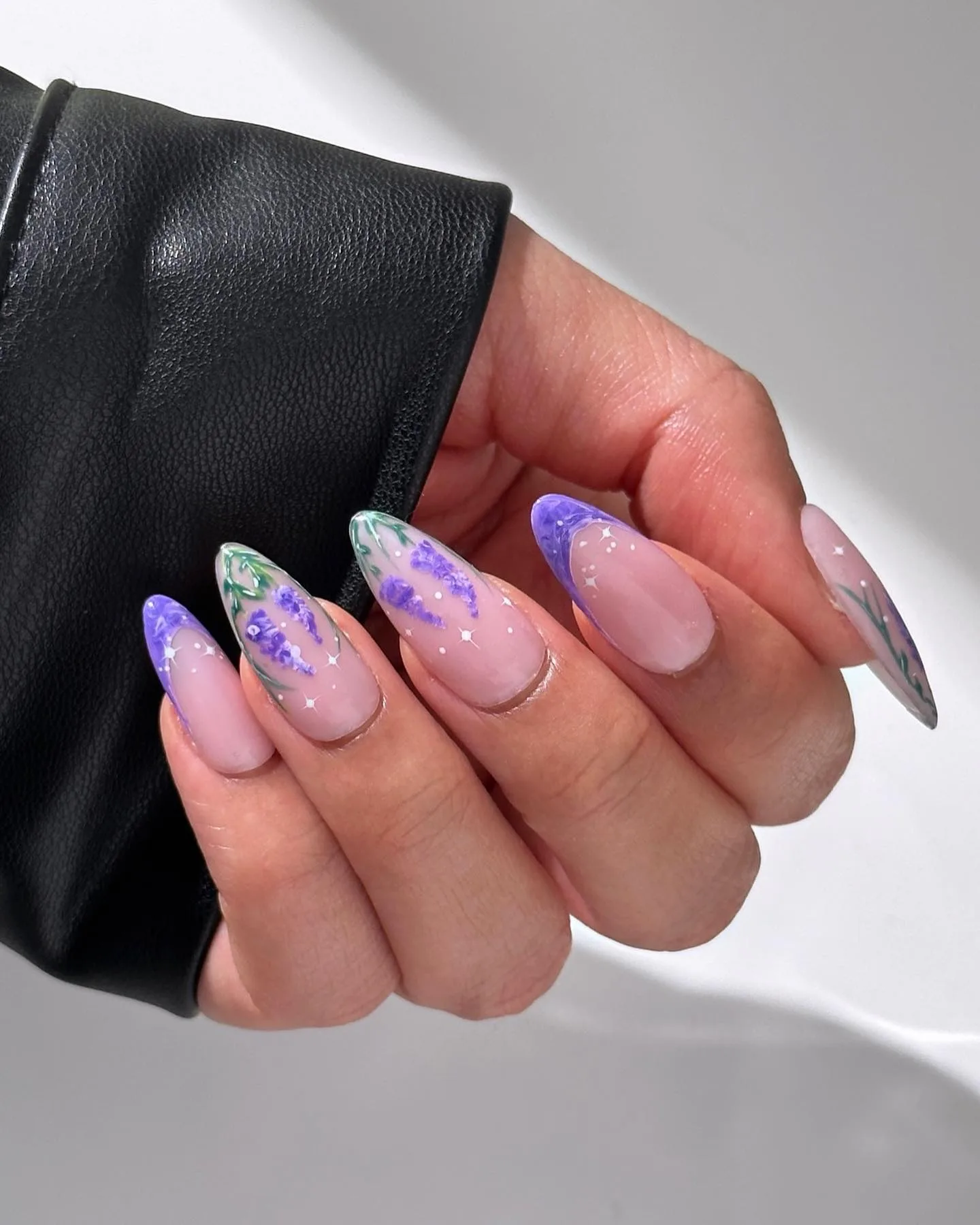 purple pink almond floral gradient nails