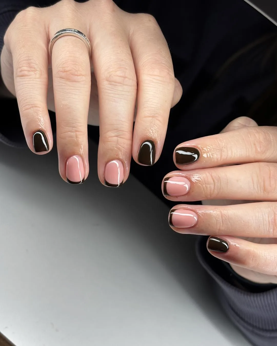 pink brown square colorblock nails
