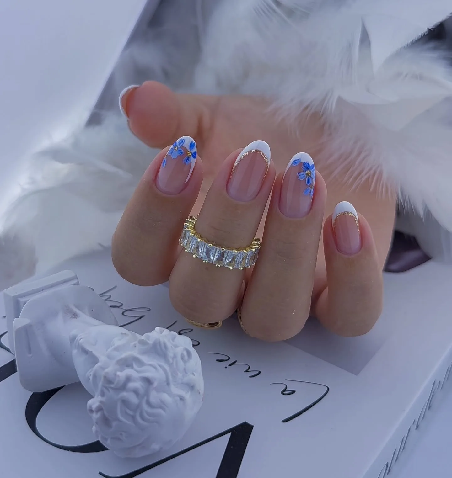 pink coffin blue floral nails