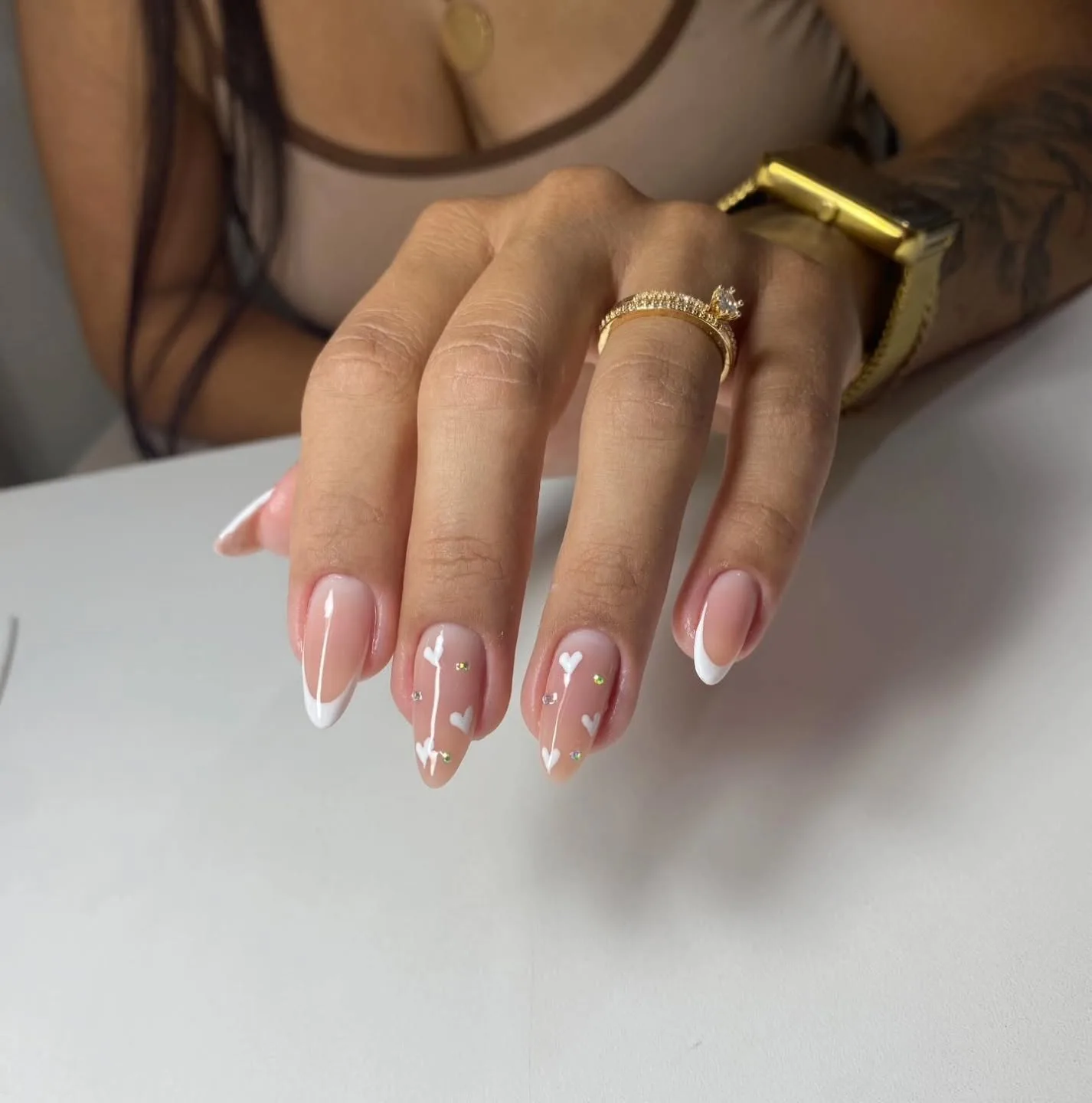 pink almond french heart nails