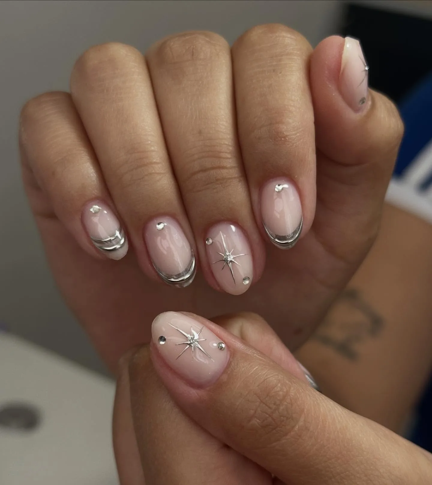 nude oval silver french nails