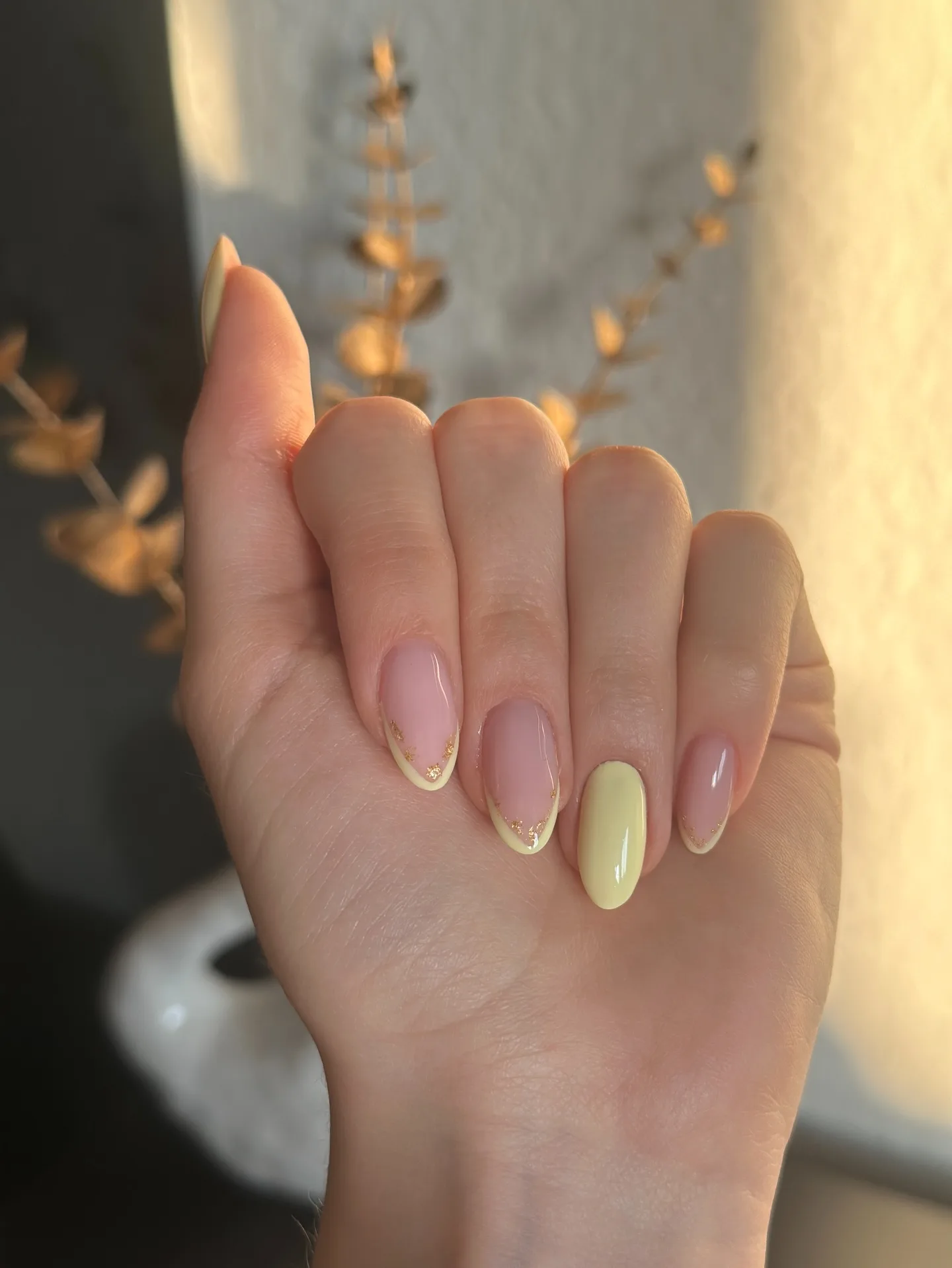 nude pink almond gold accent nails