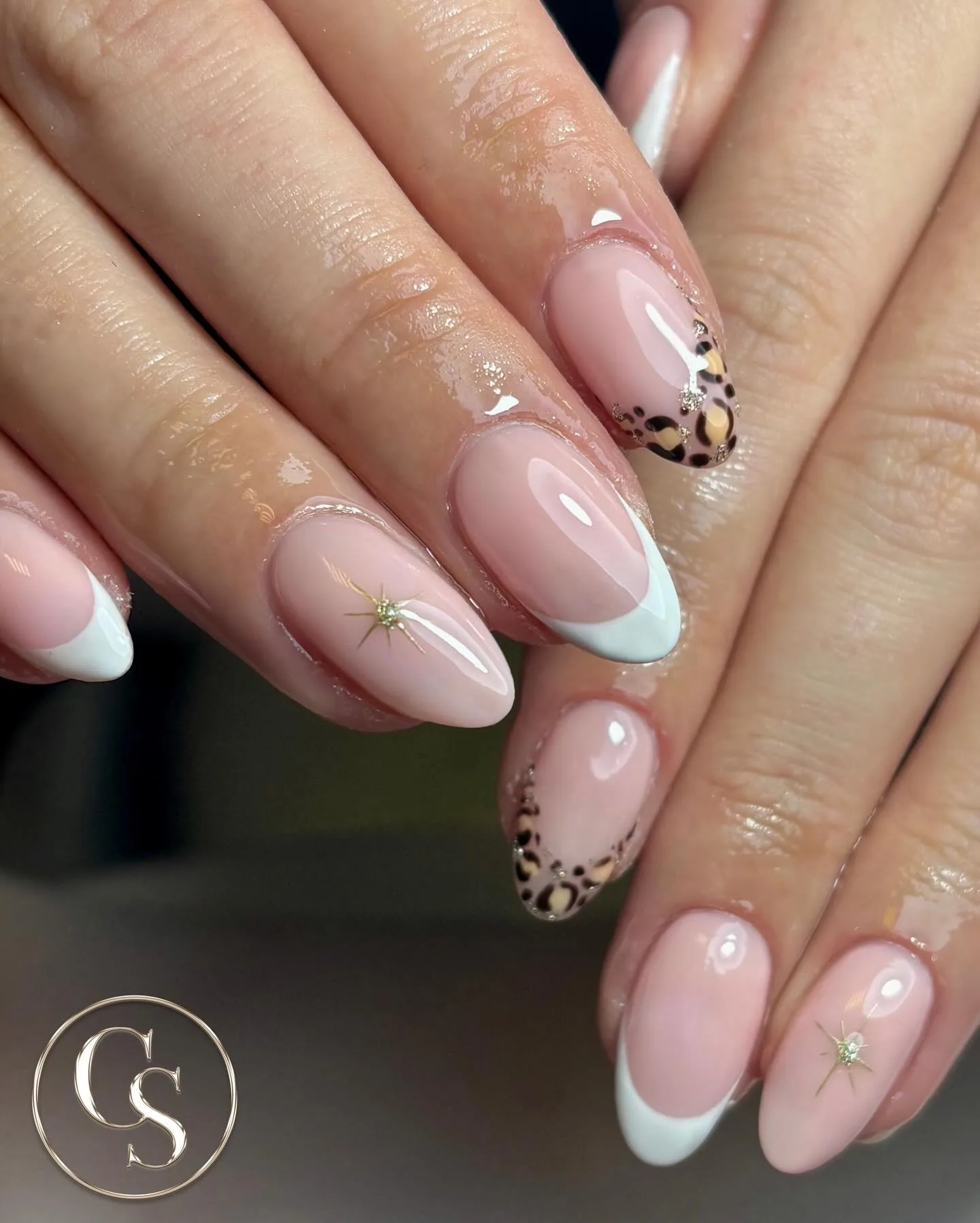 peachy pink oval french leopard nails
