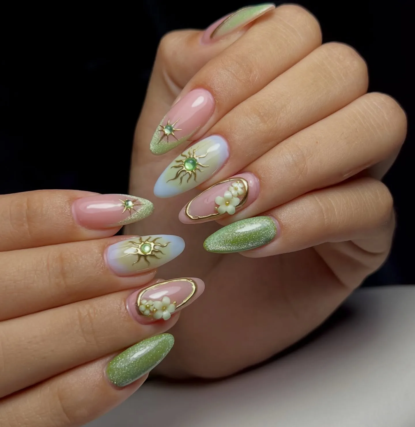 pink green almond celestial charm nails