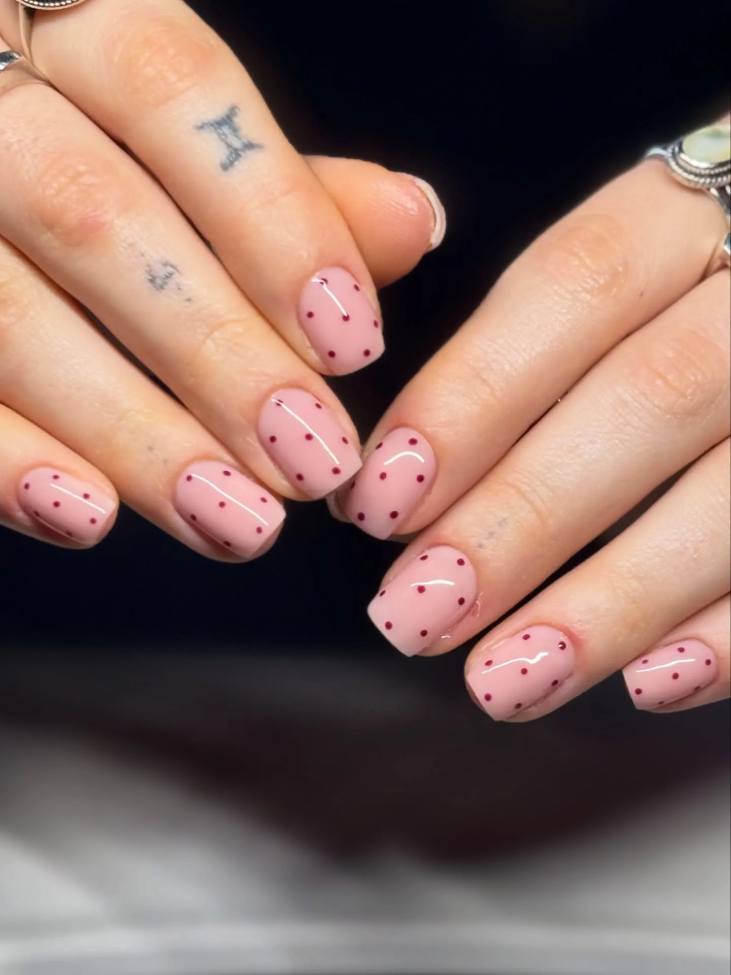 dusty rose square polka dot nails
