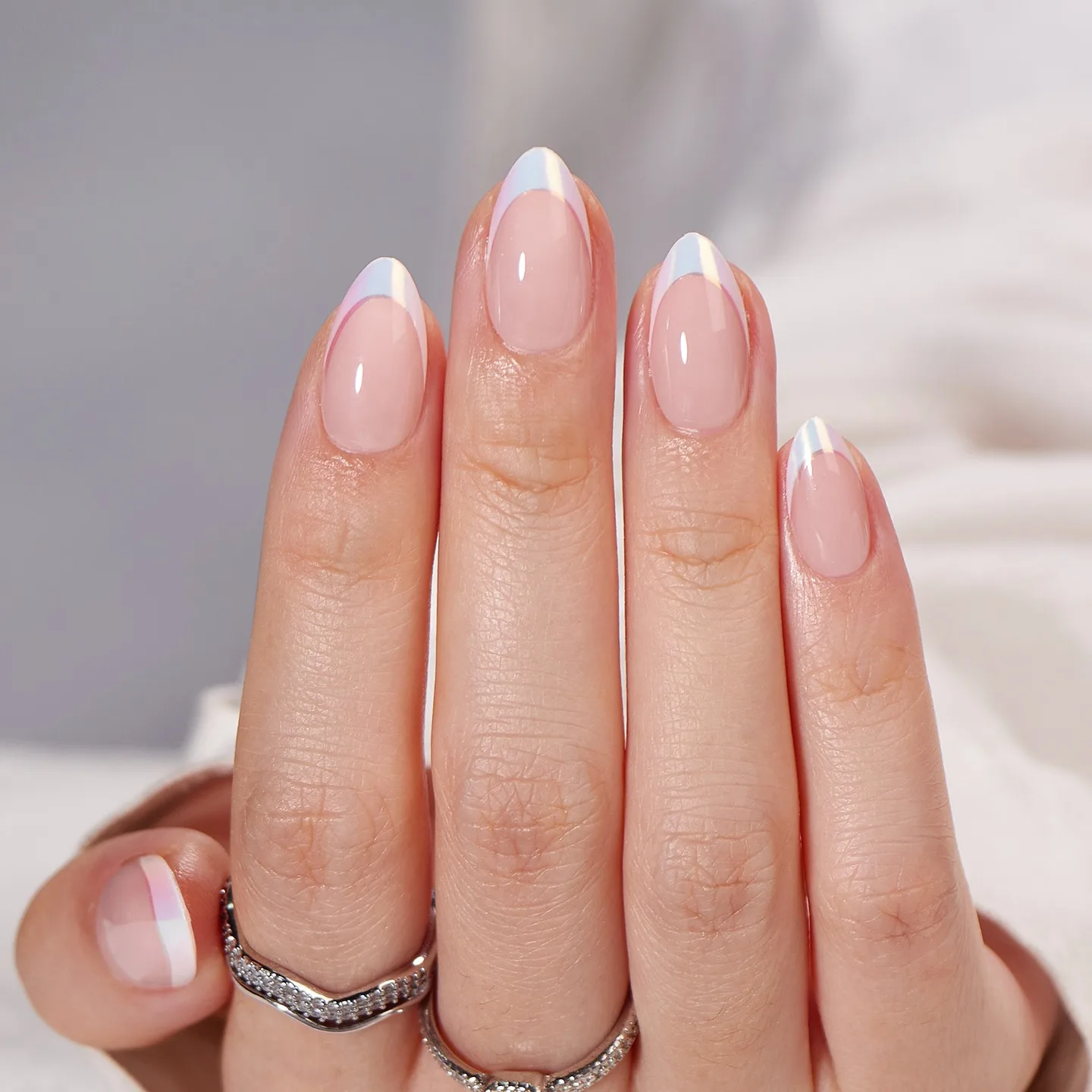 peachy pink almond chrome nails