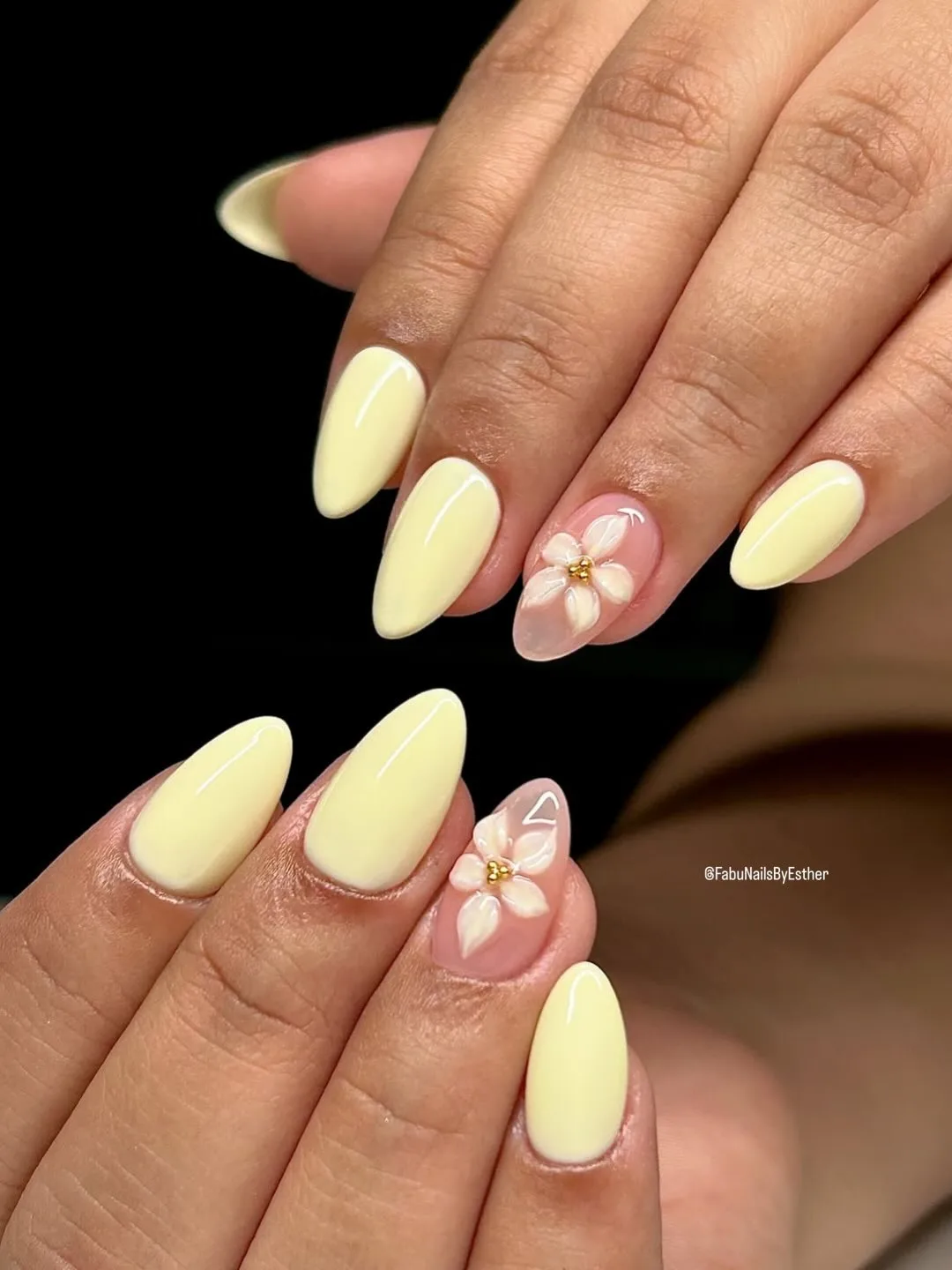 yellow almond cherry blossom nails