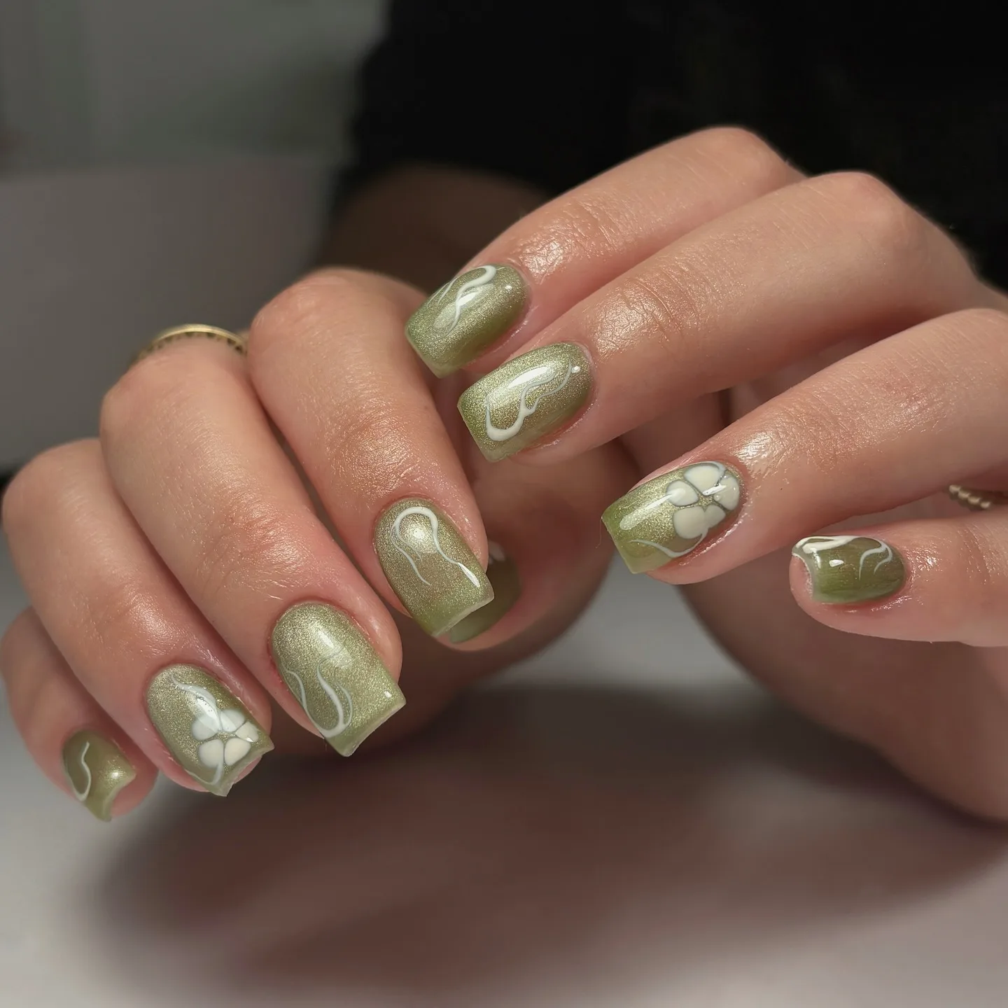 sage green square swirl floral nails