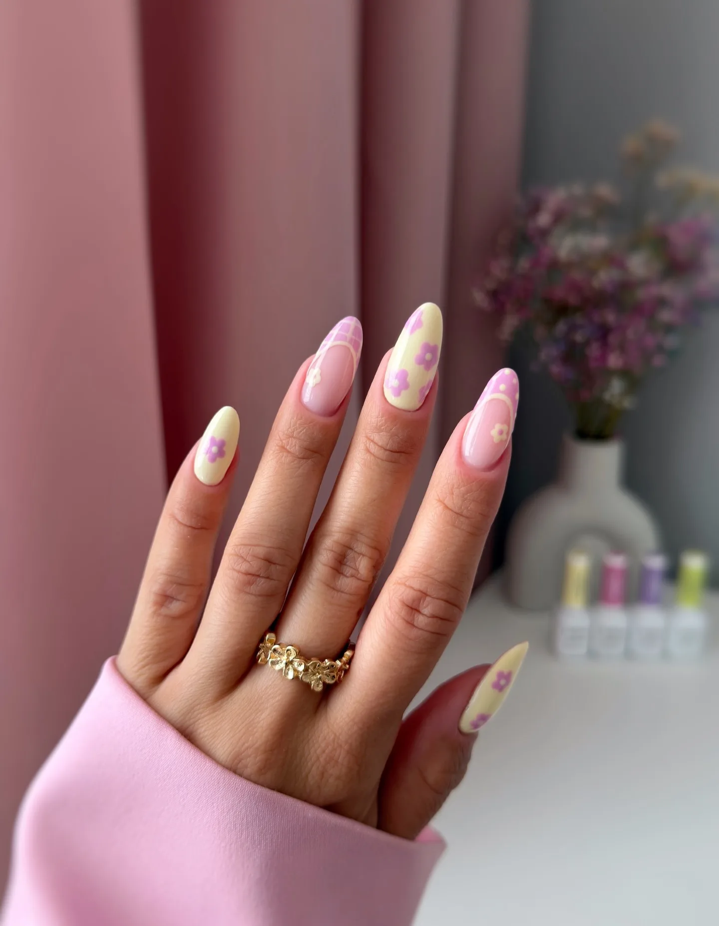 pastel almond heart design nails