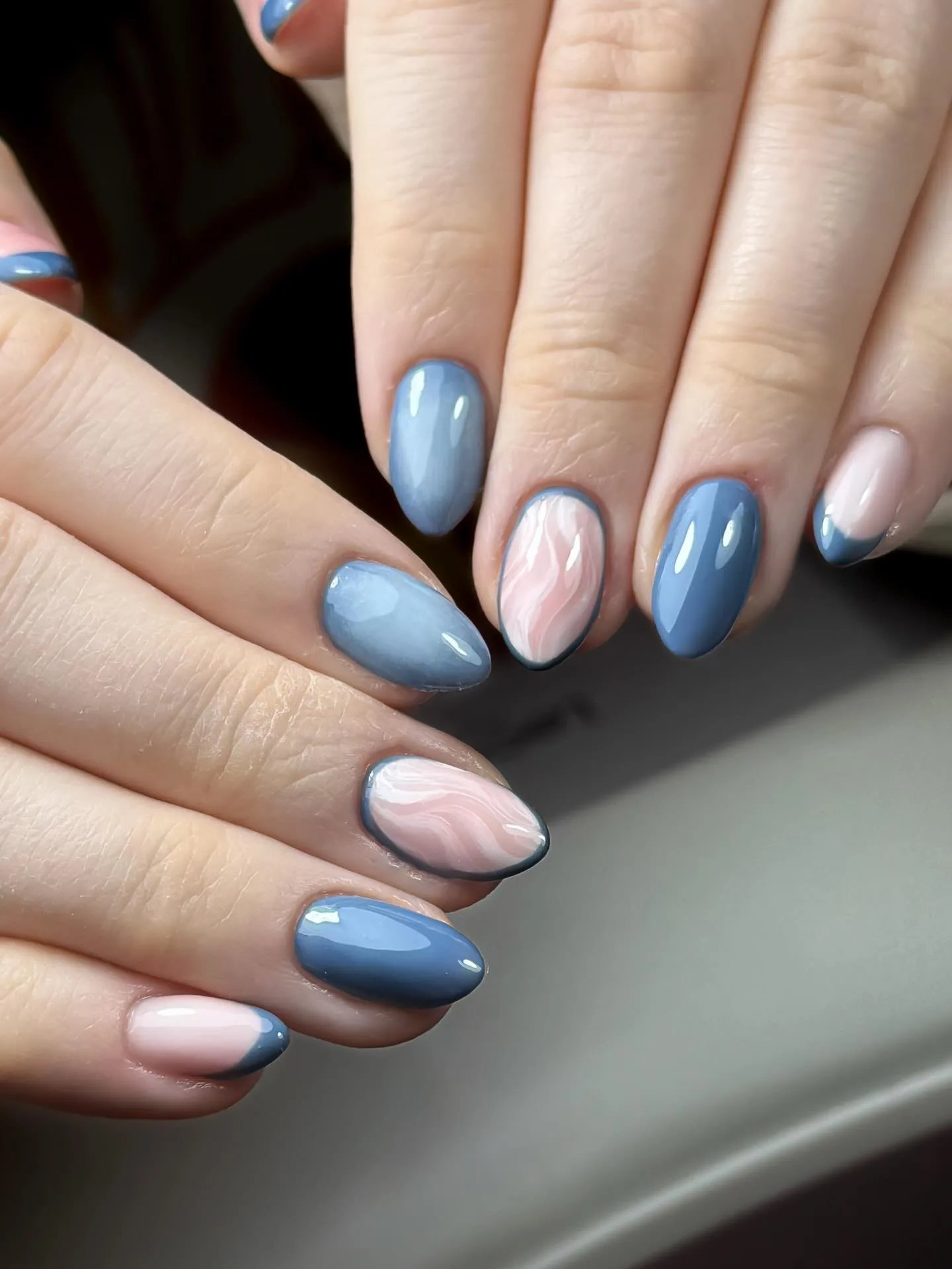 dusty blue oval marble nails