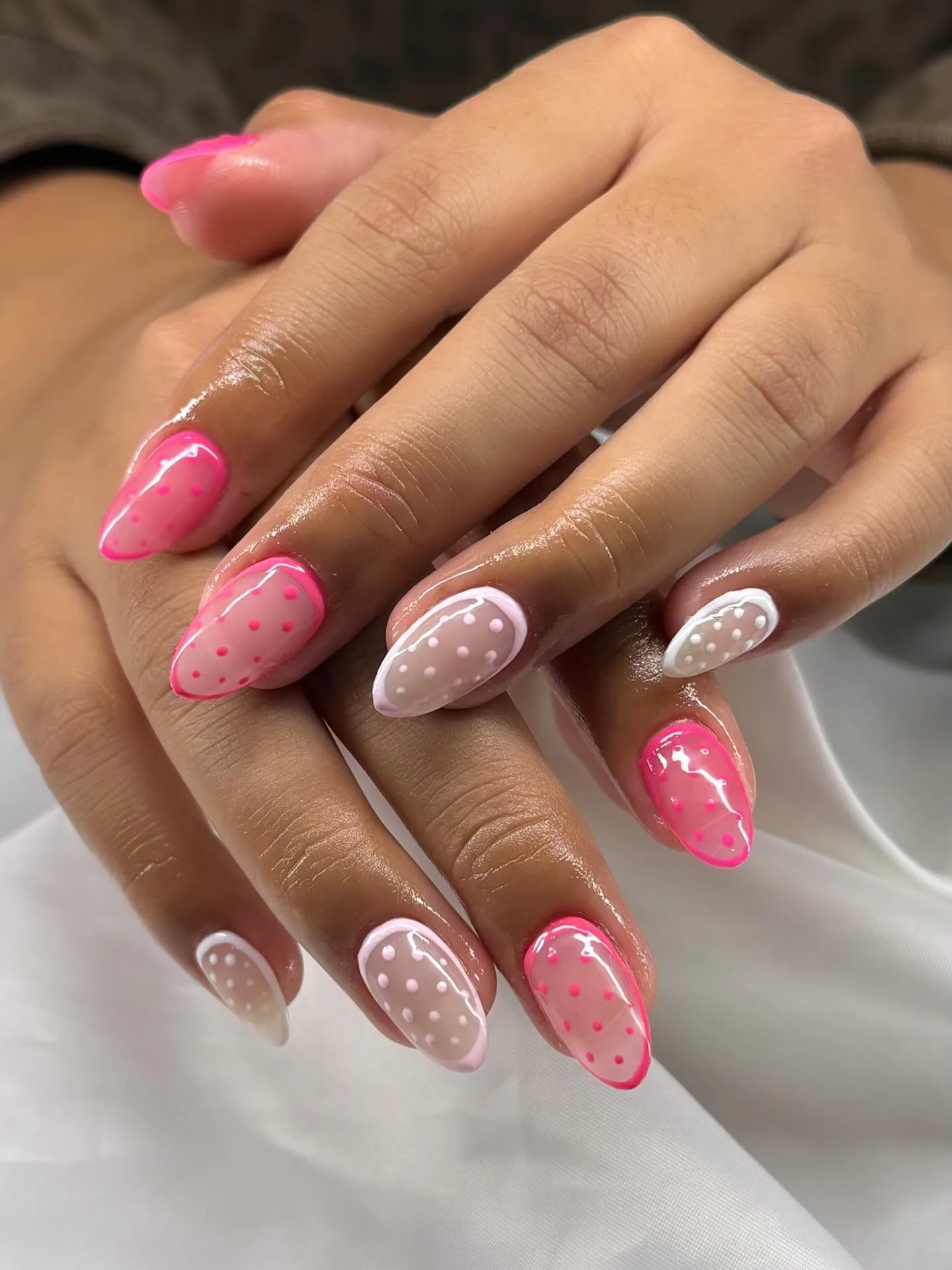 pink nude almond polka dot nails