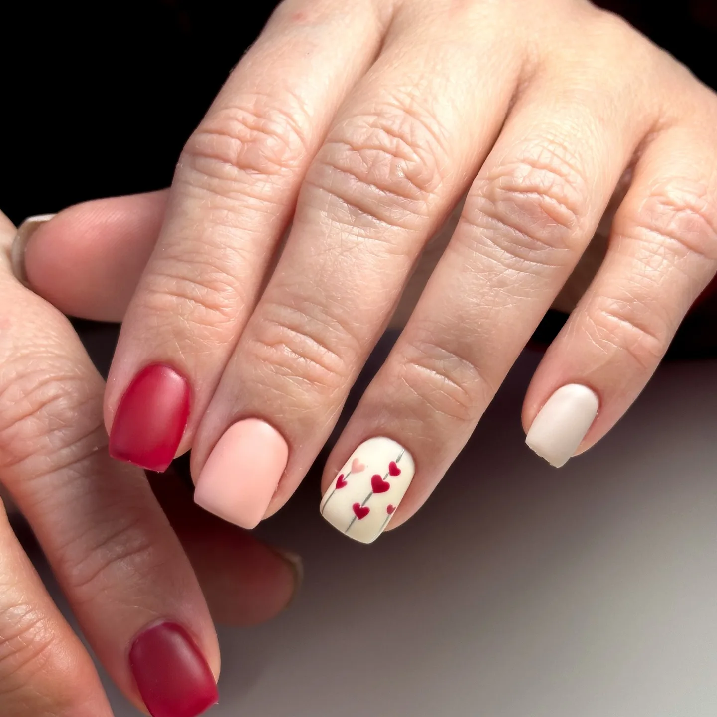 pink red white square heart nails