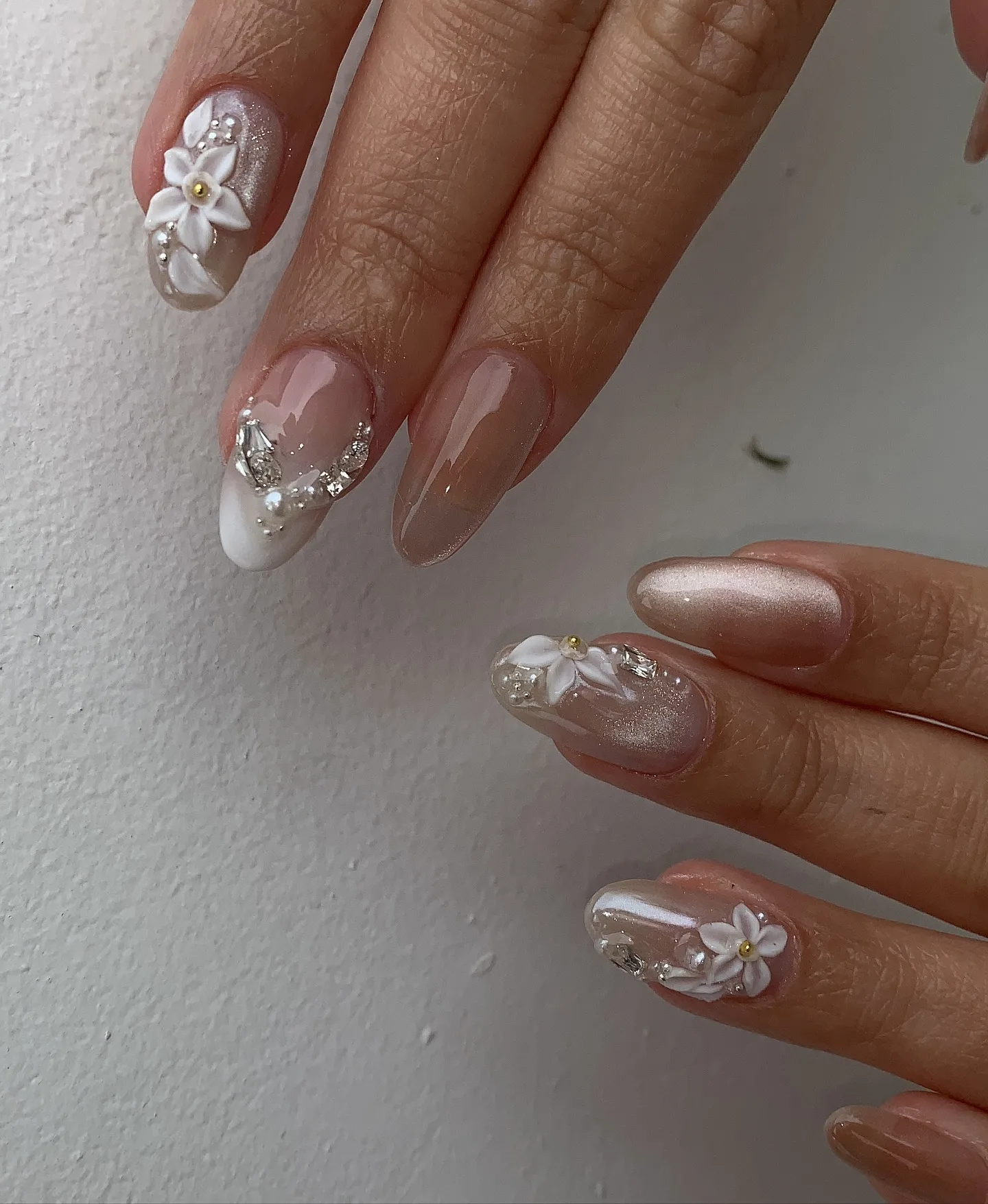 nude almond floral decorative nails