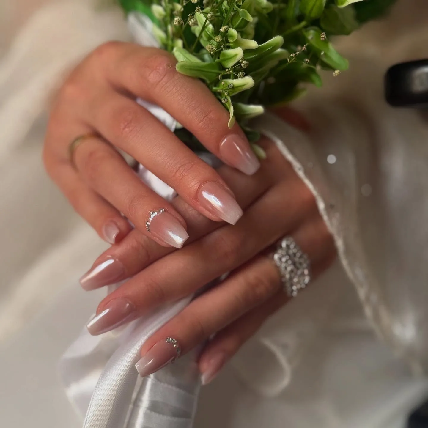 nude pink coffin crystal nails