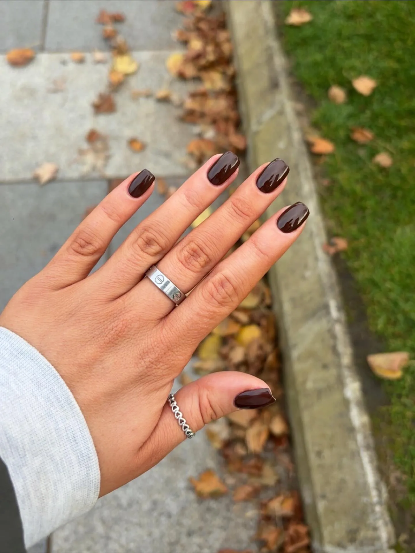 chocolate brown oval glossy nails