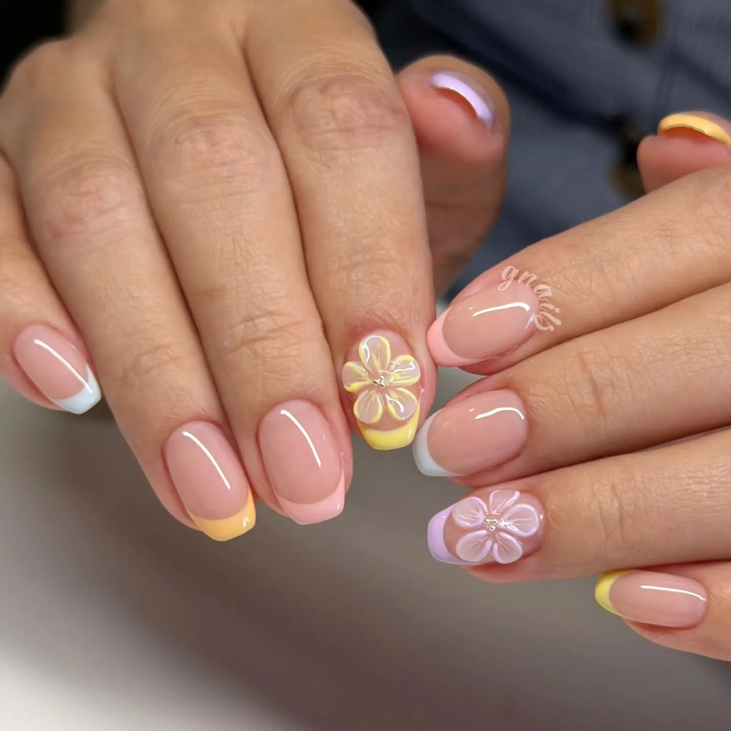 peachy pink oval floral nails