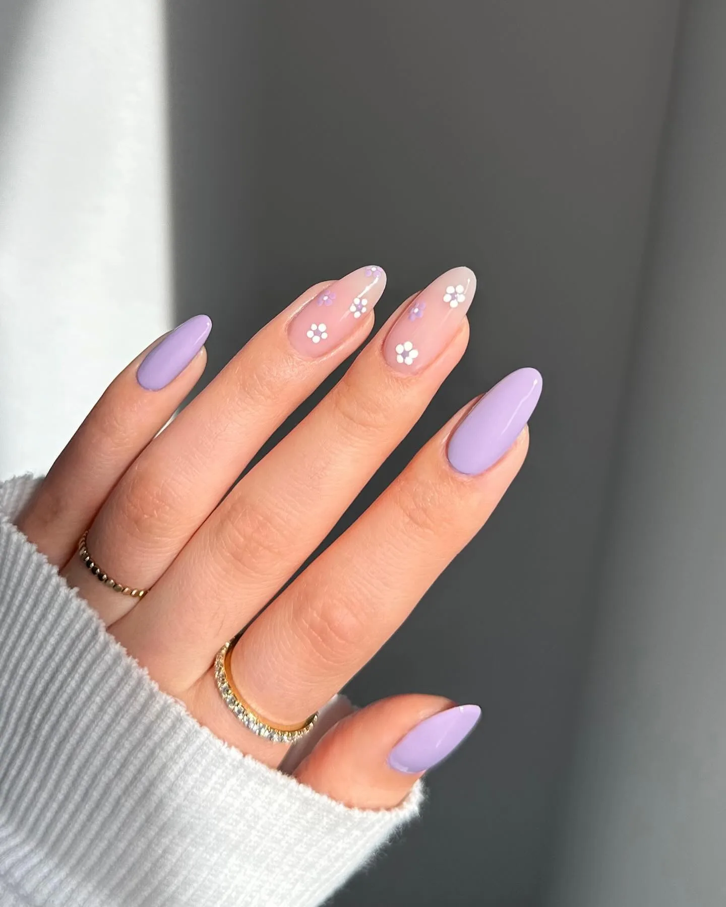 purple pink almond floral nails