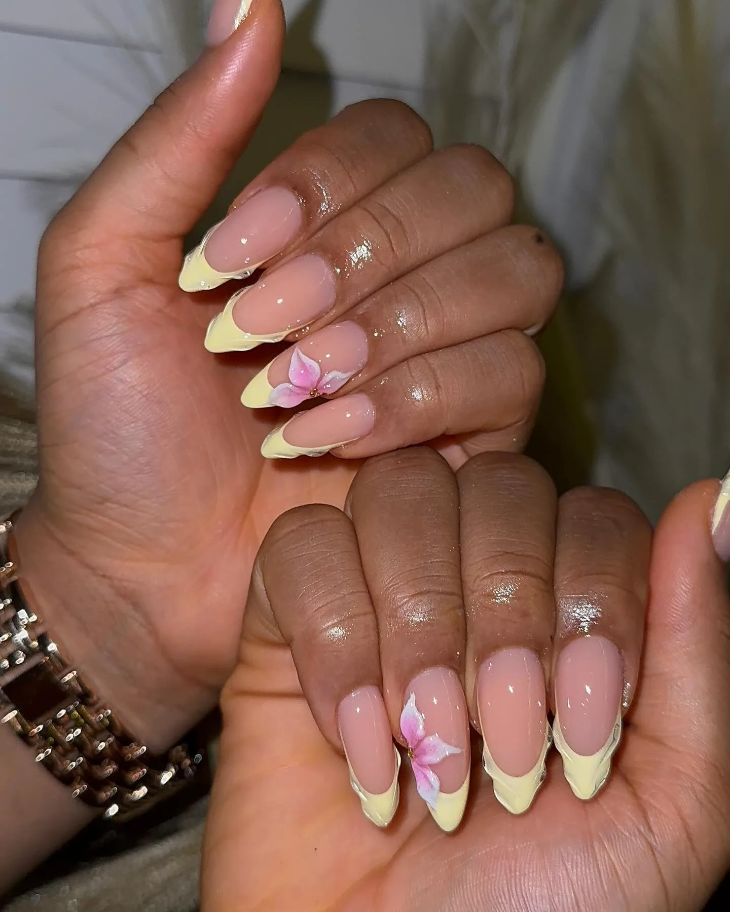 peachy pink almond french floral nails