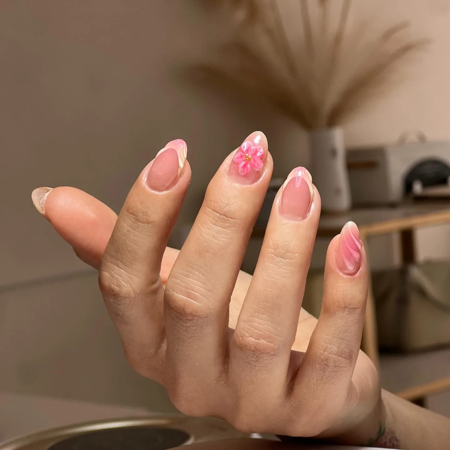 pink oval floral french nails
