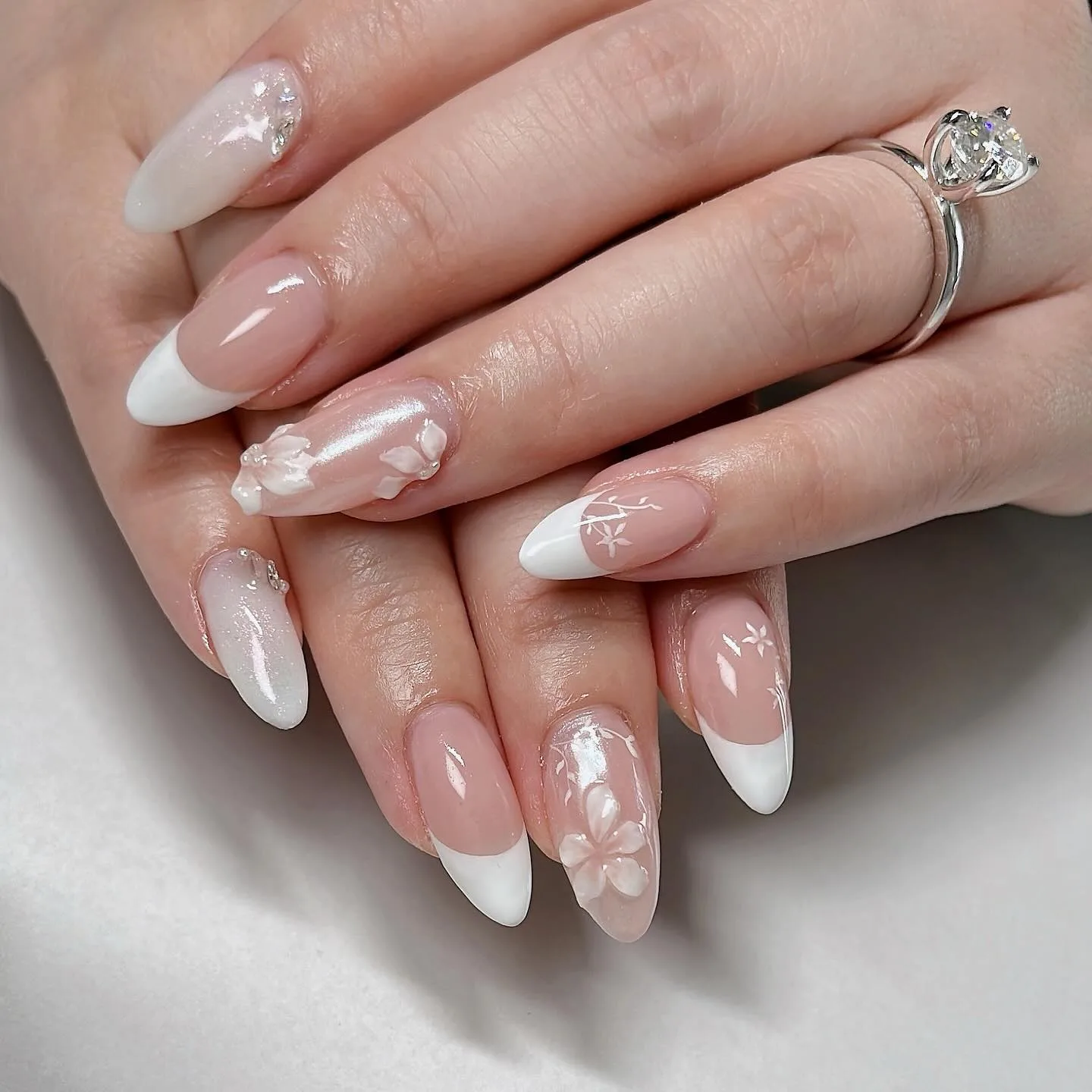 pink white almond french floral nails
