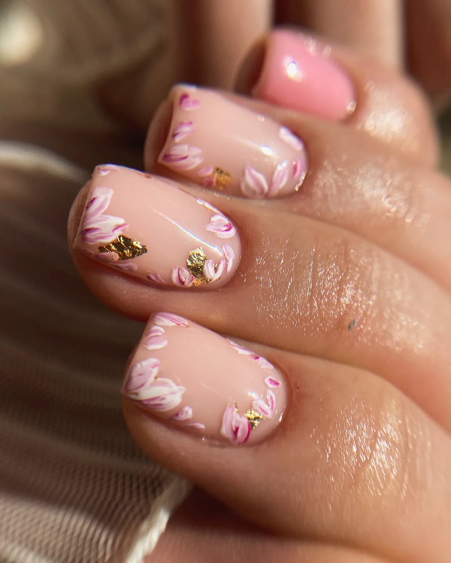 peachy nude coffin floral nails