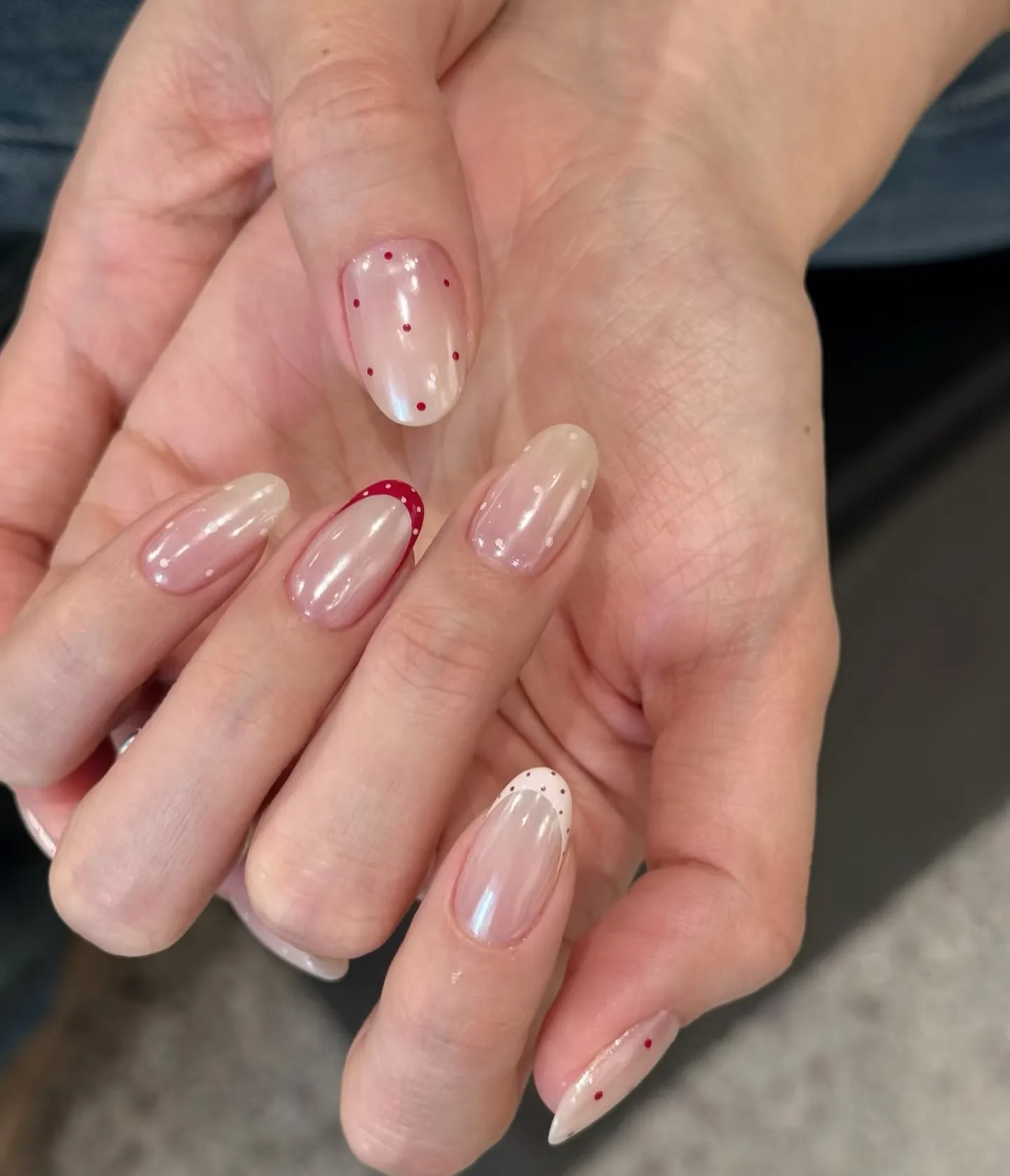 milky pink almond dotted nails