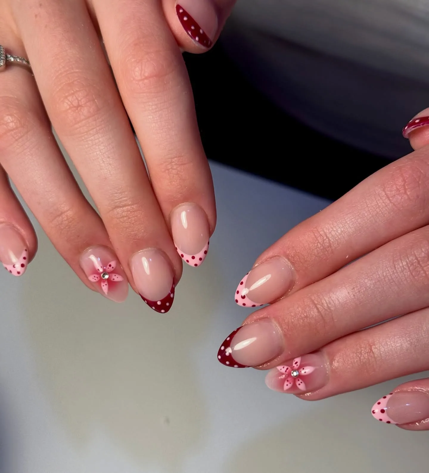 burgundy almond polka dot floral nails