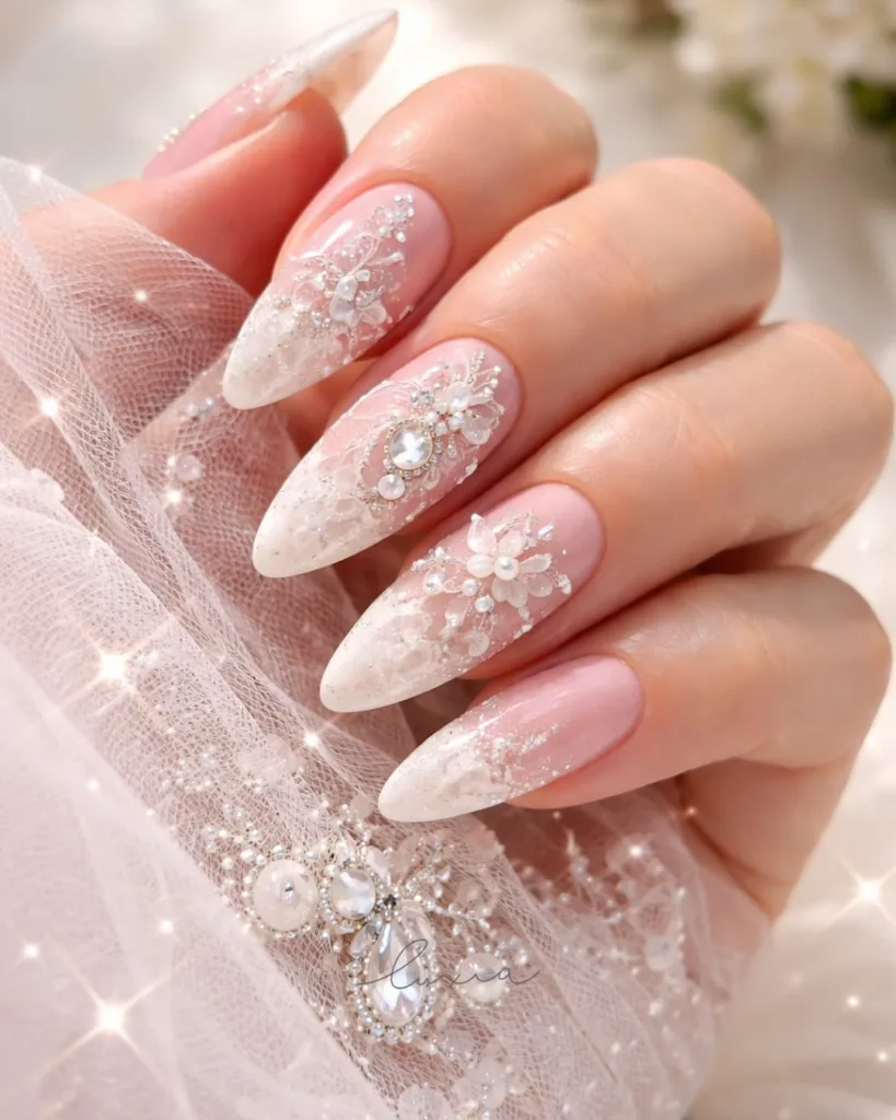 pink nude almond crystal floral nails