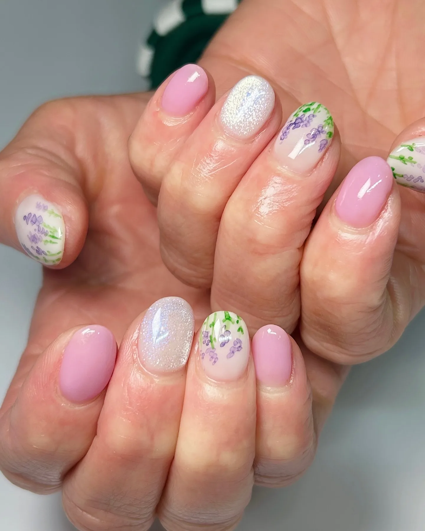 pink white floral rounded nails