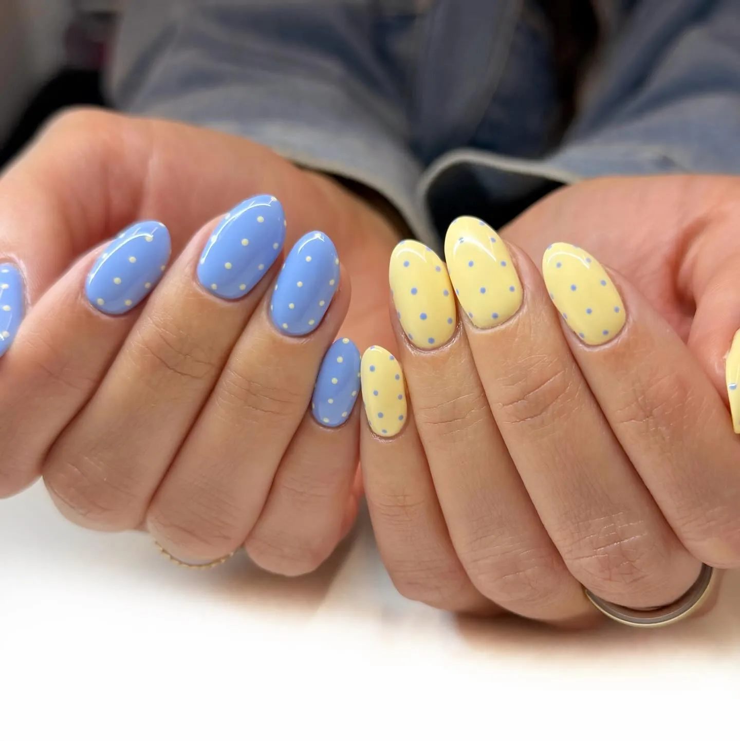 blue yellow oval polka dot nails