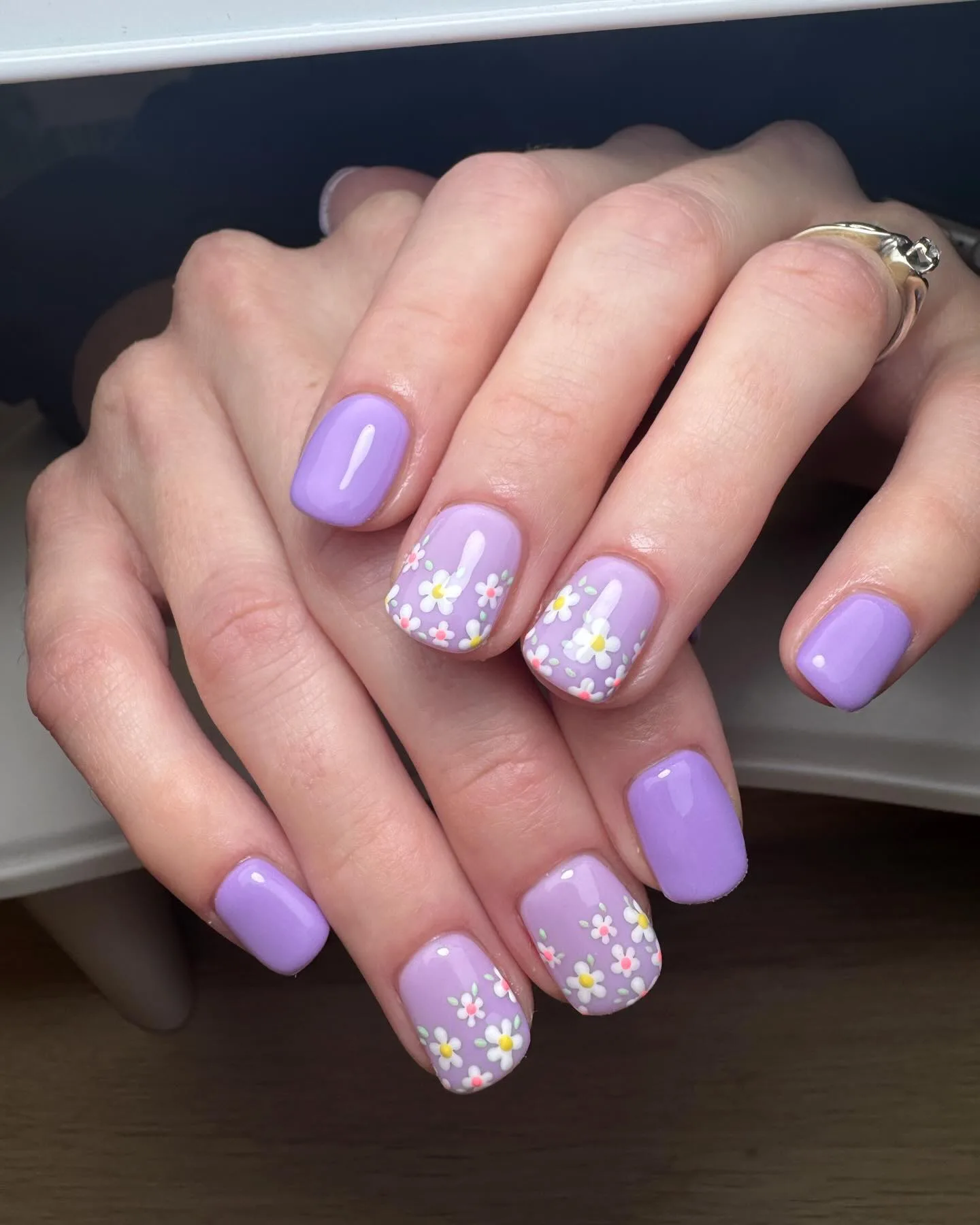 purple square floral daisy nails