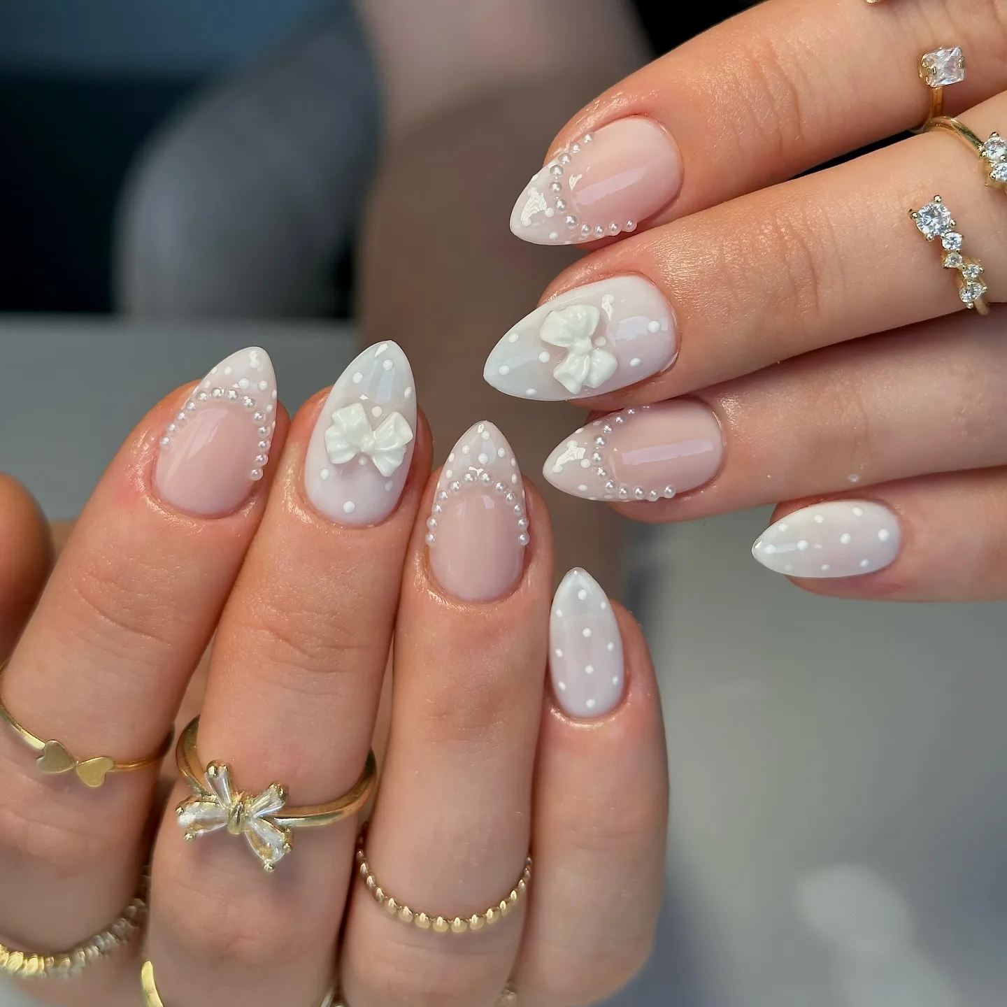 pastel almond bow accent nails