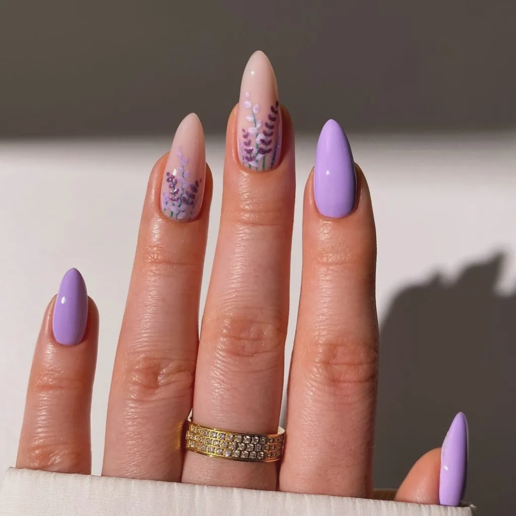 purple nude almond floral nails
