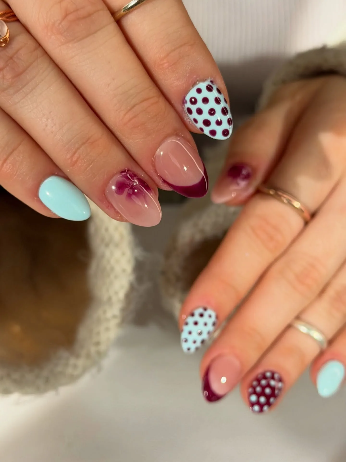 mint burgundy almond polka dot nails